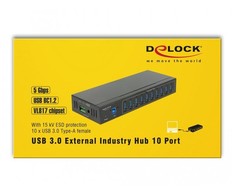 HUB USB 3.0 DELOCK 10-PORT AKTYWNY pramoninis IŠORINIS 20KV ESD JUODA