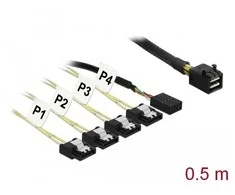 KABELIS SAS MINI HD SFF-8643(M)->4X SATA 7 PIN(F) 0.5M JEDNOWSTĘGOWY DELOCK