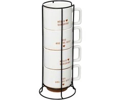 Secret De Gourmet 4 porcelianinių puodelių rinkinys HELLO ant metalinio stovo, 4 x 300 ml