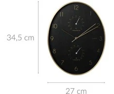 KOOPMAN Aluminio sieninis laikrodis su higrometru ir termometru, juodas auksinis, 27x34,5 cm