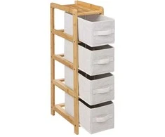 5five Simply Smart Bamboo TIDY siauras bambukinis stelažas su 4 medžiaginiais krepšeliais, aukštis 78,5 cm