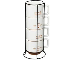 Secret De Gourmet 4 porcelianinių puodelių rinkinys HELLO ant metalinio stovo, 4 x 300 ml