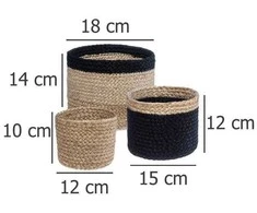 Hs Decoration PIECES Sandėliavimo krepšeliai iš džiuto, apvalūs, 3 vnt., natūrali spalva + juoda