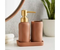 Bathroom Solutions EON vonios reikmenų rinkinys, keraminis dozatorius su auksiniu pompa, puodeliu ir padėklu.