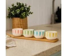 Excellent Houseware Bamboo FIKA užkandžių dubenėlių rinkinys, 4 x 125 ml, bambukinis padėklas su rankena