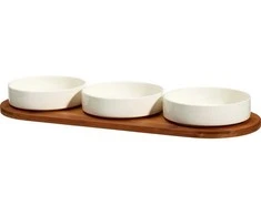 Mondex Bamboo Porcelianinių dubenėlių rinkinys užkandžiams patiekti APERIO, 3 x 390 ml, bambukinis padėklas