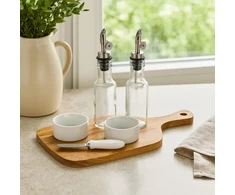 KOOPMAN Serving set of 6 pieces, wooden tray with bowls and bottles, 32.5 x 19.5 cm