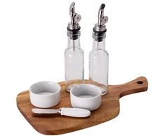KOOPMAN Serving set of 6 pieces, wooden tray with bowls and bottles, 32.5 x 19.5 cm