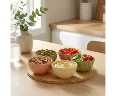 Secret De Gourmet Bamboo Užkandžių dubenėliai su gėlėmis ant bambukinio padėklo, 5 dubenėliai + lenta.