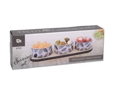 Excellent Houseware Užkandžių serviravimo rinkinys: padėklas ir 3 porcelianiniai indai, Ø 10 cm
