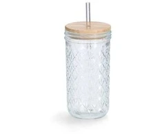 Zeller Stiklas su metaliniu šiaudeliu ir sandariu bambukiniu dangteliu, 580 ml
