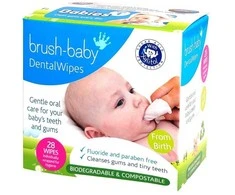 BRUSH BABY_Dantų servetėlės Servetėlės su ksilitoliu dantenoms ir pieniniams dantukams valyti 0-16 mėn. 28 vnt.