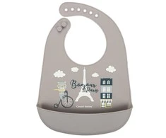 Canpolbabies CANPOL BABIES silikoninis seilinukas su kišene BONJOUR PARIS, tamsiai smėlio spalvos, 74/027_bei