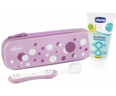 CHICCO 00012098100000 Fluoro dantų pasta + šepetėlis + dėklas Lila 6-36 m