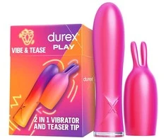 Durex Žaiskite Vibe &amp; Tease 2in1 vibratorių su stimuliuojančiu antgaliu