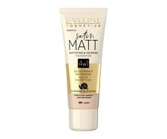 „Eveline Cosmetics“ „Eveline Satin Matt“ matinį efektą suteikiantis ir dengiantis makiažo pagrindas 4in1, 101 Ivory, 30 ml