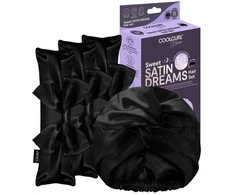Glov „Sweet Satin Dreams“ rinkinys, kurį sudaro 3 šalto garbanojimo suktukai + 1 dvisluoksnė atlasinė miego kepuraitė, juoda