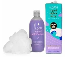 Rinkinys „I Love“: drėkinamasis dušo želė „A Good Night's Sleep“ visiems odos tipams, 500 ml + „I Love“ kūno kempinėlė