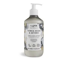 „I Love Naturals Collection“ veganiškas drėkinamasis ir minkštinamasis tonka pupelių ir miros losjonas rankoms ir kūnui, 500 ml