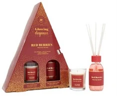 Beliani La Casa de los Aromas Glowing Elegance kvapiųjų lazdelių rinkinys Raudona Owoce 95ml + Raudona Owoce kvapioji žvakė 120g