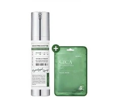 Tony Moly Skin627 „Boosting Shot 100“ + „Cica“ su žaliąja arbata lakštinės kaukės rinkinys: veido serumas 50 ml + lakštinė kaukė 22 ml
