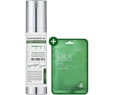 Tony Moly Skin627 „Boosting Shot 300“ + „Cica“ su žaliąja arbata lakštinės kaukės rinkinys: veido serumas 50 ml + lakštinė kaukė 22 ml