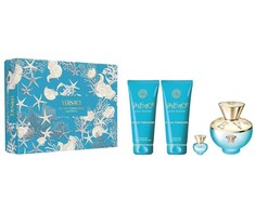 Versace „Dylan Turquoise“ rinkinys: 100 ml purškiamas tualetinis vanduo + 100 ml dušo želė + 100 ml kvapnus kūno gelis + 5 ml mini tualetinis vanduo