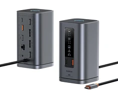Baseus Spacemate RD1 11w1 USB-C | 2xHDMI 4K@60Hz | 2xDP 4K@60Hz | 2xUSB-A 10Gb/s | USB-C 10Gb/s | RJ45 | USB-A 480Mb/s | USB-C PD | mini jack 3.5mm | kroviklis EU pilka