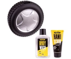 ACCENTRA SET BATH and BODY TOOLKIT in a tire-shaped case