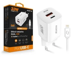 ALIGATOR išmanusis tinklo įkroviklis GaN, PD 33W, USB-A + USB-C, Lightning laidas, baltas