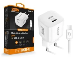 ALIGATOR išmanusis tinklo mini įkroviklis PD 20W, 1x USB-C, USB-C/USB-C laidas, baltas