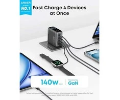 „Anker“ įkroviklis, 140 W, 4 prievadų, su USB-C laidu, tamsiai pilkas