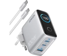 Anker charger 100W, 2xUSB-C, 1xUSB sidabrinis
