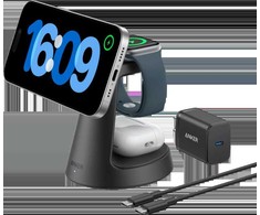 ANKER MagGo 3-in-1 įkrovimo stotelė, juoda, Qi2 15W, skirta „iPhone“, įskaitant sertifikuotą „Apple Watch“ modulį.