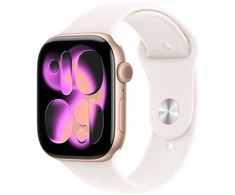 Išmanusis laikrodis Apple „Watch Series 11 GPS“, 46 mm, rožinio aukso spalvos aliuminio korpusas su šviesiai melsvu sportiniu dirželiu – M/L