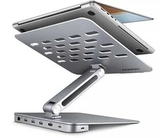 AXAGON HMC-STND ALU stovas su 5 Gbps šakotuvu, skirtas 10–16 colių nešiojamiesiems kompiuteriams, reguliuojamas, 3x USB-A, HDMI 4K/60Hz, GLAN, PD 100 W, USB-C įvestis
