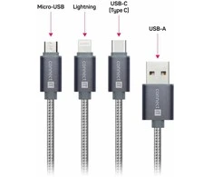 CONNECT IT Wirez 3in1 USB-C ir Micro USB bei Lightning, sidabro pilka, 1,2 m