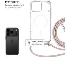 Fixed FIKSUOTAS „MagPure“ kaklo dėklas su rožiniu dirželiu, skirtas „Apple iPhone 17 Pro Max“.