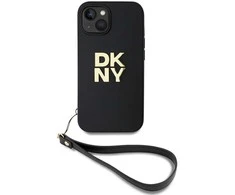 DKNY PU Leather Stack Logo Wrist Strap dėklas telefonui Apple iPhone 13 juodos spalvos