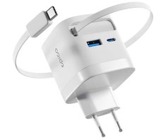 Epico UltraBoost Retractable GaN 65W power adapter EA65c | with built-in cable | baltas | three outputs