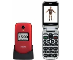 Mobilusis telefonas „Evolveo EasyPhone FS“, atlenkiamas 2,8 colio įstrižainės mobilusis telefonas senjorams su įkrovimo stovu (raudonos spalvos)