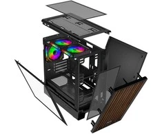 „EVOLVEO Panthera“, mATX korpusas, 3x ARGB 120 mm ventiliatoriai, medinis priekinis skydelis + stiklinis šoninis skydelis