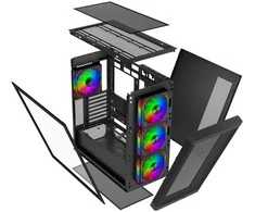 „EVOLVEO Scorpio“, eATX/ATX korpusas, 4x ARGB 120 mm ventiliatoriai, grūdinto stiklo šoninė panelė + tinklelio priekinė panelė
