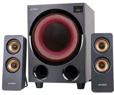 Kompiuterio kolonėlės Fenda F&amp;D F770X 2.1 daugialypės terpės garsiakalbiai, 76 W RMS, 4x2,5 colių palydovai + 5,25 colių žemųjų dažnių garsiakalbis, BT 5.0 / optinis / AUX / USB / FM / kelių spalvų LED / LED Ekranas / nuotolinio valdymo pultas / medinis / Juodas