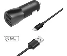 Rinkinys ładowarki samochodowej FIXED su wyjściem 2xUSB i kablem USB/micro USB, 1 metr, 15W Smart Rapid Charge, juoda