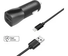 Įkroviklis Fiksuotas Rinkinys automobilinis įkroviklis FIXED su 2xUSB išvestimis ir USB/Lightning laidu, 1 metras, MFI, 15W išmanusis greitasis įkrovimas, juodas
