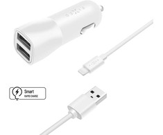 Rinkinys FIXED automobilinis įkroviklis su 2xUSB išėjimais ir USB/Lightning laidu, 1 metras, MFI, 15W išmanusis greitasis įkrovimas, balta