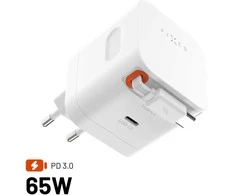 Fixed FIKSUOTAS GaN tinklo įkroviklis su 2xUSB-C palaikymu PD 3.0 su savaime susivyniojančiu laidu 65W baltas
