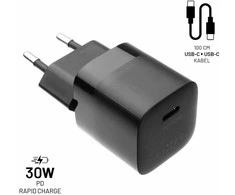 Fixed Fiksuotas Mini USB-C 30W + kabelis USB-C/USB-C, juoda