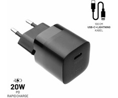 FIXED Mini USB-C įkroviklis 20W+ USB-C/Lightning kabelis, juodos spalvos